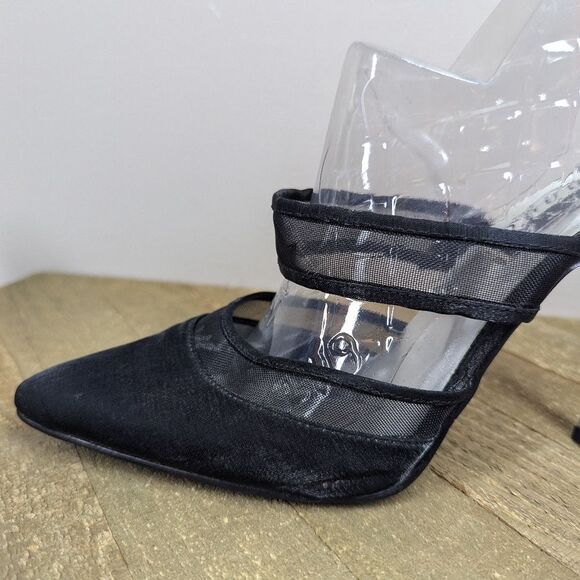 Vintage 90s BATA Black Mesh Strap Heels Size 8 Mule Slip On Pointed Toe - Picture 4 of 11